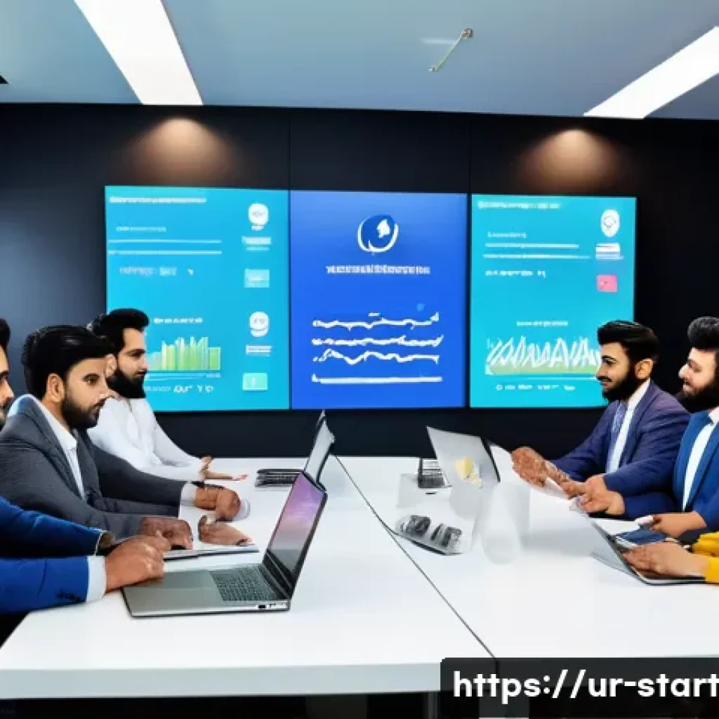 스타트업 가치 평가와 브랜드 가치의 관계 - A modern startup office scene in Karachi, Pakistan, showcasing a diverse team of young professionals...