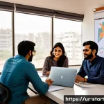 Home 22 스타트업 가치 평가에서의 고객 피드백 활용 - A modern startup office scene in Karachi, Pakistan, showcasing a diverse team of young professionals...