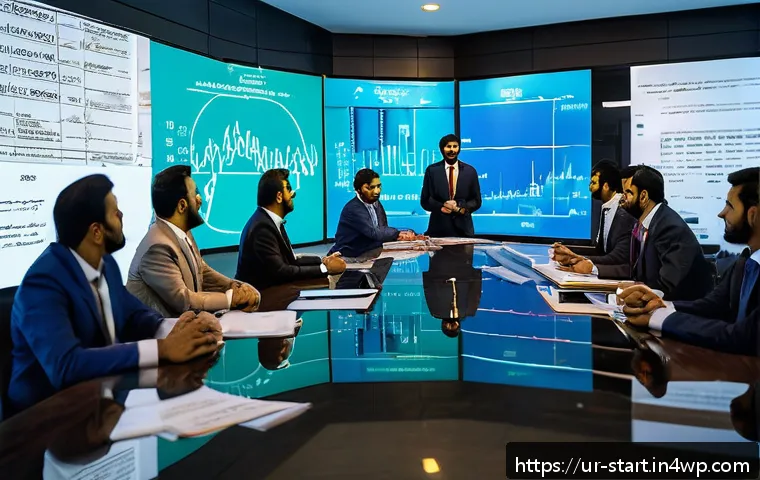 스타트업 가치 평가를 위한 금융 모델 구축 - A modern office setting in Karachi with a diverse team of young professionals, dressed in modest bus...